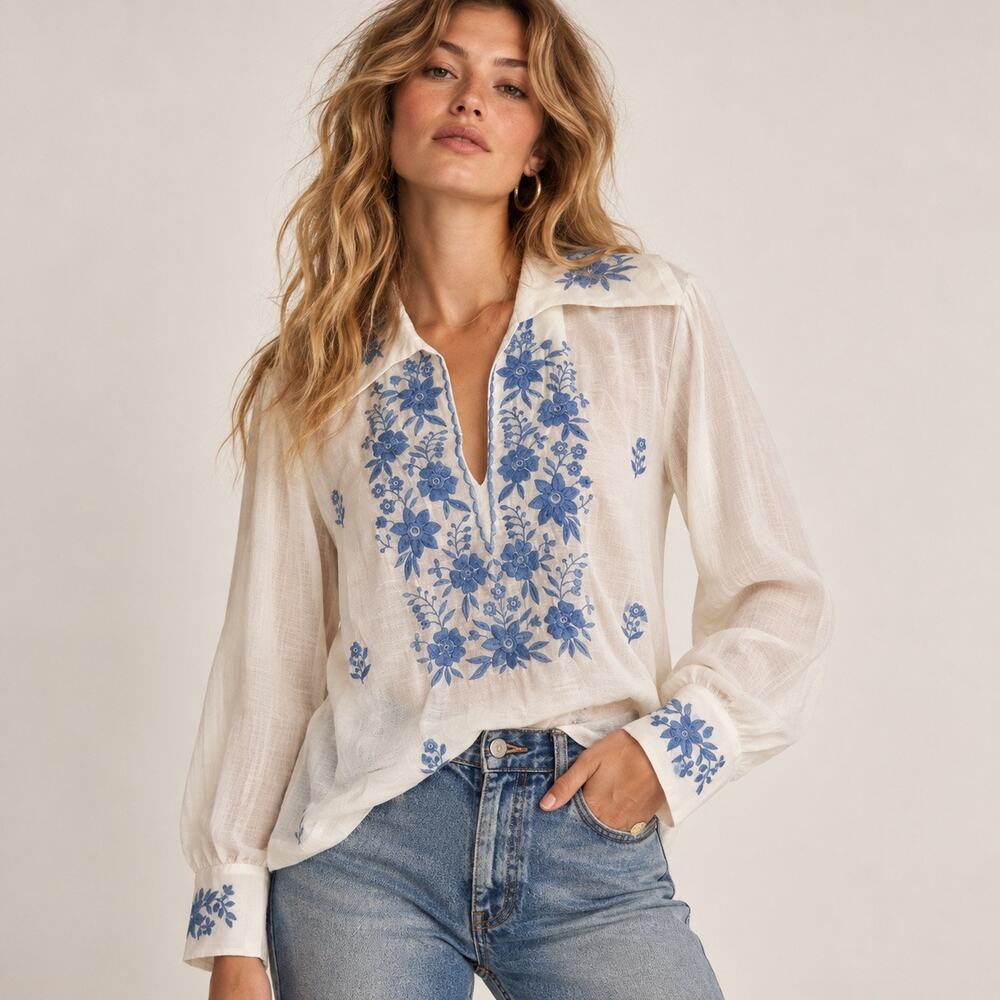 Vintage 70s Embroidered Blouse White Blue Floral Boho Tunic Top S/M